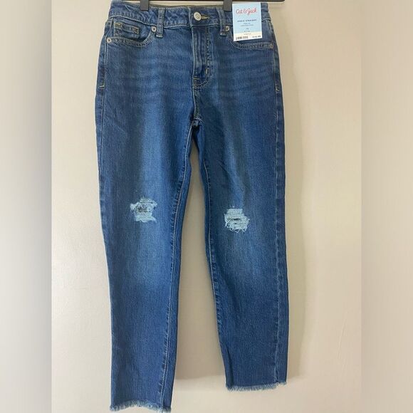 Cat & Jack Girls' High-Rise Ankle Straight Jeans with Front Snap Closure Frayed - Picture 1 of 8